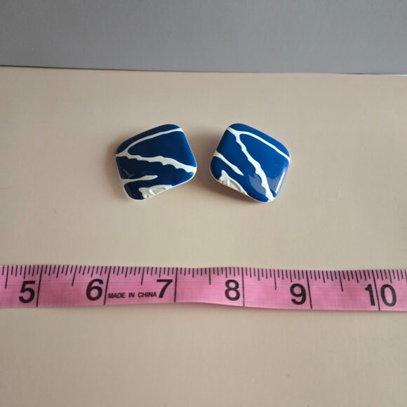 Vintage Jewelry - Vintage 1980s Blue White Clip On Earrings Retro Statement